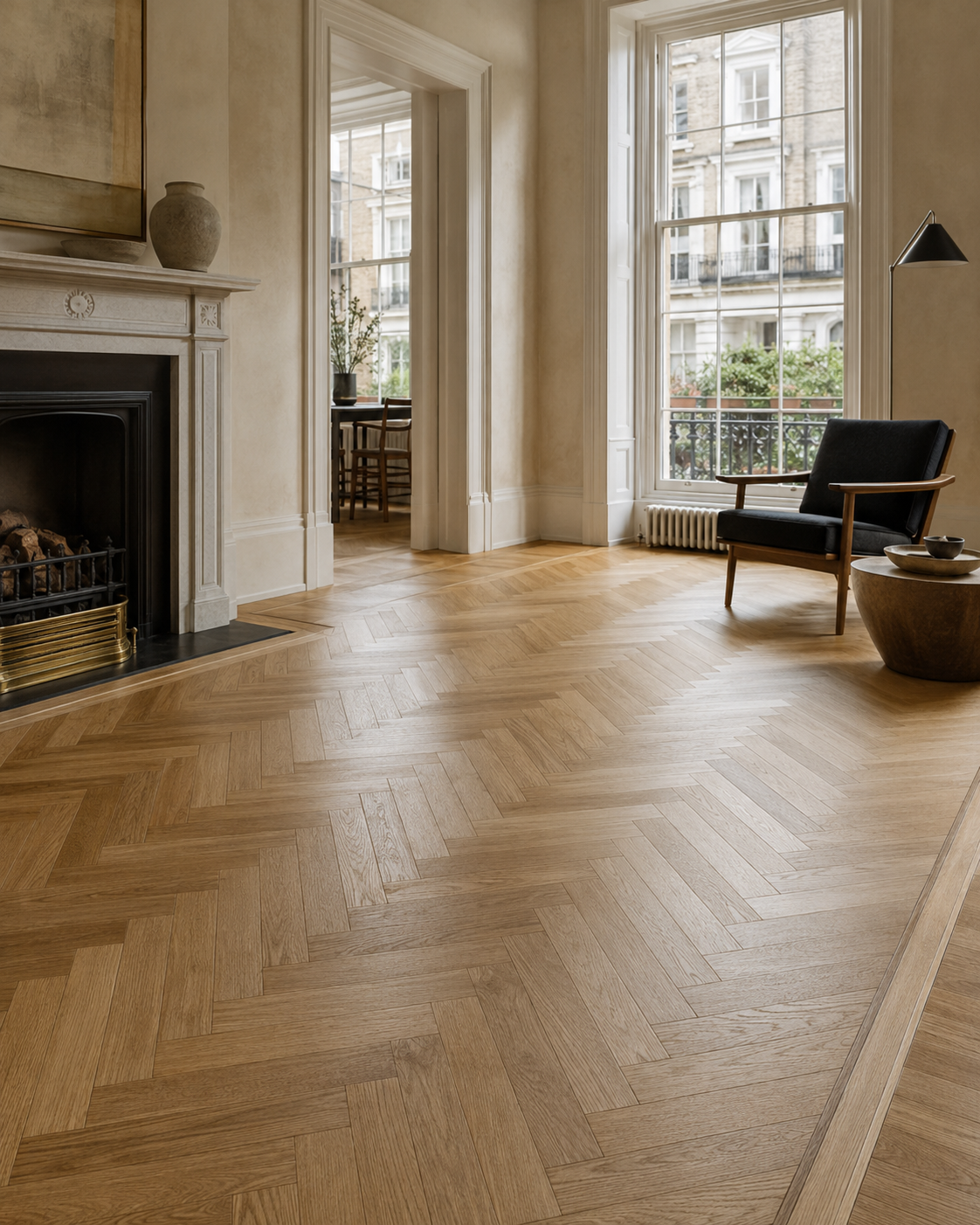 Wood flooring in a completed interior